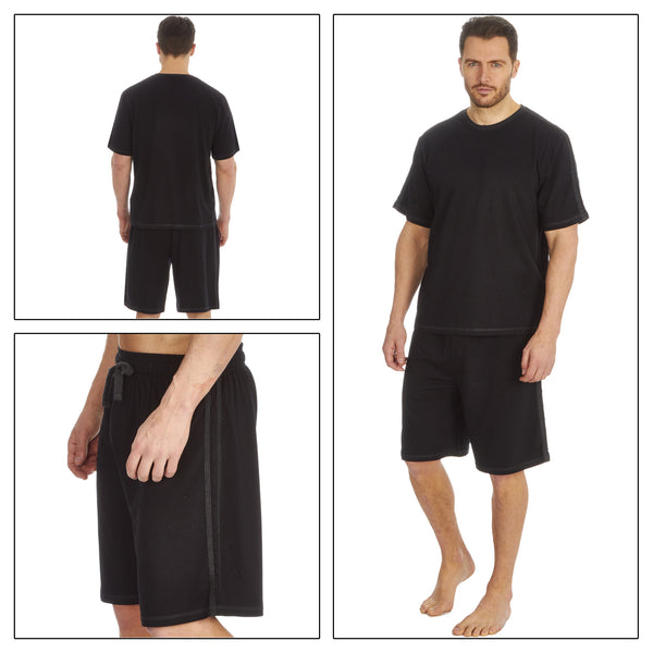 mens plain black pjs set which have two vertical side stripes. The set consists of a short sleeve t shirt top with shorts with an elasticated waist band in size small, medium or large