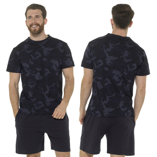 Mens Blue Camo Camouflage PJs Pyjamas Set Short Sleeve T Shirt & Shorts