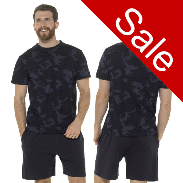 Mens camo print pjs set. The set consists of a short sleeve t shirt top with shorts with an elasticated waist band in sizes medium, large and XX large