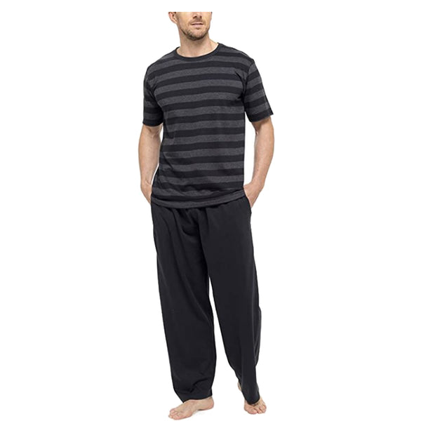 mens pjs set with a short sleeve t shirt top with black and grey horizontal stripes with full length trousers with an elasticated waist band in size small