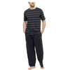 mens pjs set with a short sleeve t shirt top with black and grey horizontal stripes with full length trousers with an elasticated waist band in size small