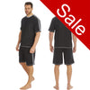 mens plain grey pjs set which have two vertical side stripes. The set consists of a short sleeve t shirt top with shorts with an elasticated waist band in sizes medium 