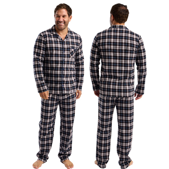 Mens Navy Check Plaid Tartan Wincey Flannelette Warm Winter PJs Pyjamas