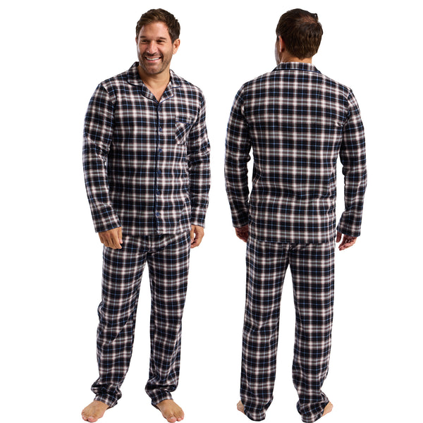 Mens Navy Check Plaid Tartan Wincey Flannelette Warm Winter PJs Pyjamas