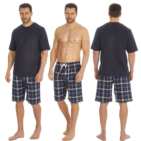 mens pjs set which have a plain blue marl t shirt with coordinating blue tartan check shorts. The set consists of a short sleeve t shirt top with shorts with an elasticated waist band in size medium