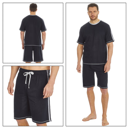 mens plain navy blue pjs set which have two vertical side stripes. The set consists of a short sleeve t shirt top with shorts with an elasticated waist band in sizes medium or large