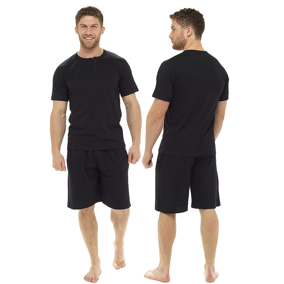 mens plain black pjs set which have a t shirt top with short sleeves and shorts with an elasticated waist band in sizes medium or large