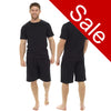 mens plain black pjs set which have a t shirt top with short sleeves and shorts with an elasticated waist band in size medium 