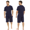 mens plain navy pjs set which have a t shirt top with short sleeves and shorts with an elasticated waist band in sizes medium or large