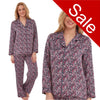 navy and pink ditsy floral print mat satin pjs set consisting of a shirt style top with full length sleeves, a collar, top pocket and a button up front with matching full length trousers in UK sizes 18, 20