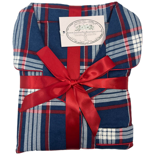 Buy ladies navy blue check tartan plaid 100% brushed cotton winceyette flannelette pyjama pjs set in UK sizes 12-14, 16-18, 20-22. Same day dispatch, fast UK delivery!