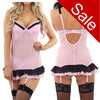 pink babydoll with a rara frill 2 layer skirt with a built in padded bra with adjustable straps and a bra style hook and eye fastening at the back. The bra has matching frills around the cups. It has built in suspenders and this babydoll comes with floral lace top stockings. 