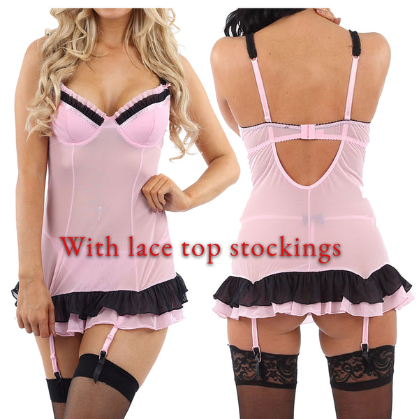 pink babydoll with a rara frill 2 layer skirt with a built in padded bra with adjustable straps and a bra style hook and eye fastening at the back. The bra has matching frills around the cups. It has built in suspenders and this babydoll comes with floral lace top stockings. 