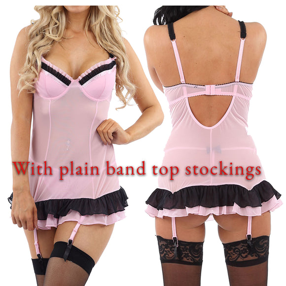 pink babydoll with a rara frill 2 layer skirt with a built in padded bra with adjustable straps and a bra style hook and eye fastening at the back. The bra has matching frills around the cups. It has built in suspenders and this babydoll comes with plain band top stockings. 