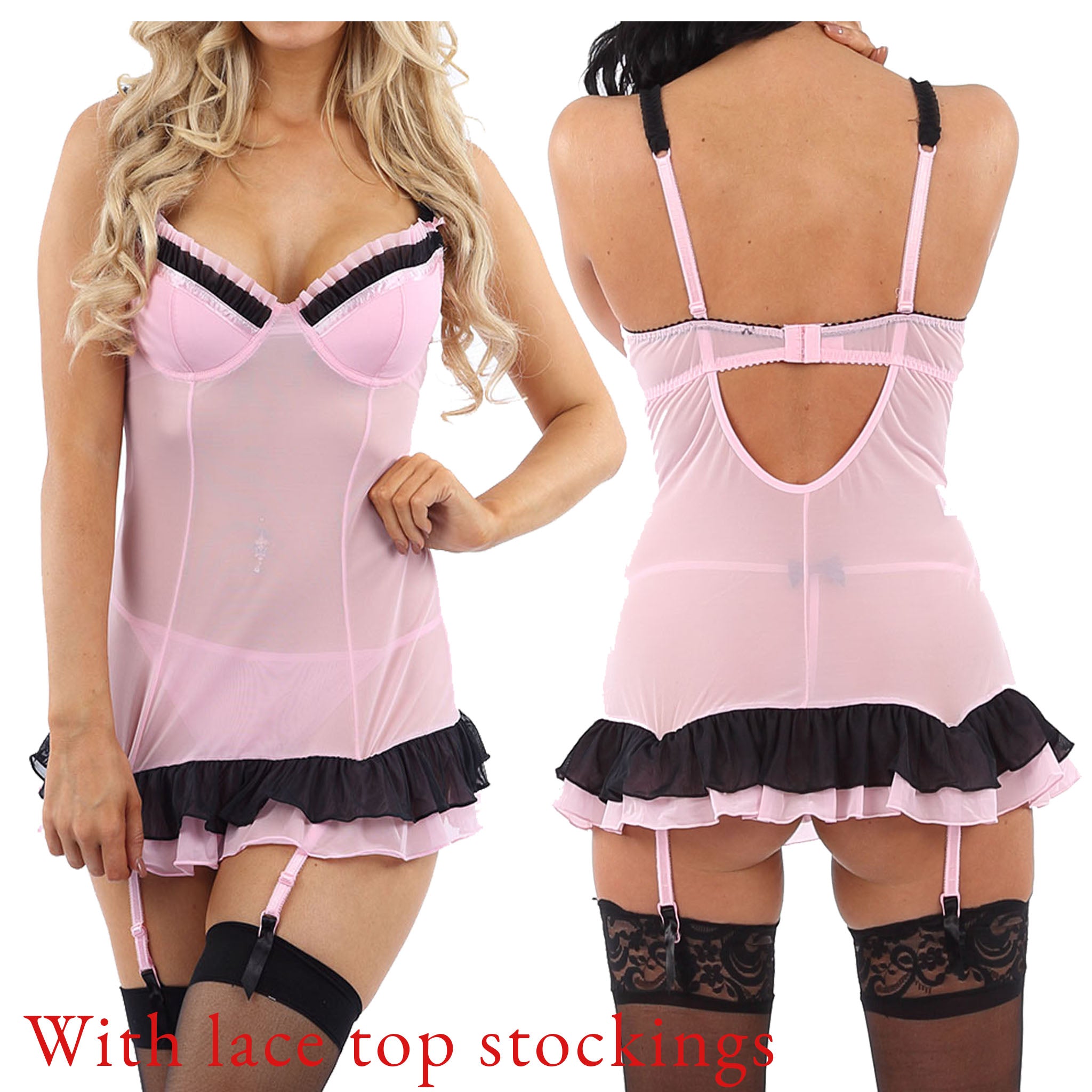 Pink Dress Babydoll with Matching Lace Top Stockings Negligee Lingerie –  Just For You Boutique®
