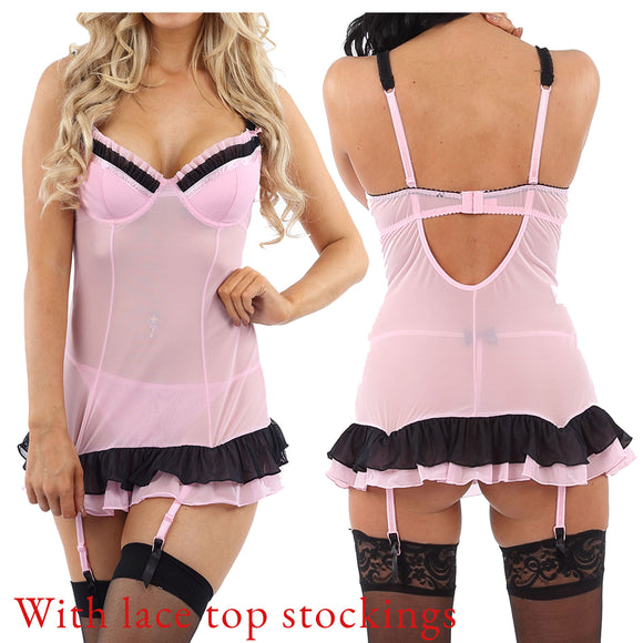 pink babydoll which has a built in bra which is underwired, padded hook and eye fastening and adjustable straps. The babydoll has a short rara skirt and suspender straps. Available in bra sizes. 