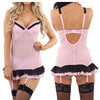 pink babydoll with a rara frill 2 layer skirt with a built in padded bra with adjustable straps and a bra style hook and eye fastening at the back. The bra has matching frills around the cups. It has built in suspenders and this babydoll comes with plain band top stockings. 