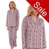 Floral blue and pink abstract print shiny satin pjs set consisting of a shirt style top with a collar, top pocket and button up front with matching full length trousers with an elasticated waist band in UK size 18-20