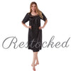 plain black shiny silky satin classic style mid length nightdress which is straight in fit with gathered fabric to the chest and elbow length sleeves. The chest and sleeves are trimmed with floral lace and it it available in UK plus sizes 8, 10, 12, 14, 16, 18, 20, 22, 24, 26, 28, 30, 32, 34