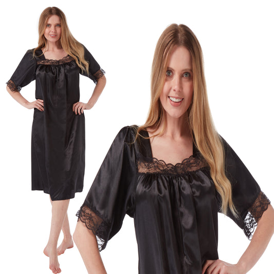 plain black shiny silky satin classic style mid length nightdress which is straight in fit with gathered fabric to the chest and elbow length sleeves. The chest and sleeves are trimmed with floral lace and it it available in UK plus sizes 8, 10, 12, 14, 16, 18, 20, 22, 24, 26, 28, 30, 32, 34