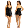 plain black silky shiny satin with lace trim pyjamas set cami top with adjustable straps and French knickers shorts in UK plus sizes 12, 14, 16, 18, 20, 22, 24, 26, 28, 30, 32, 34, 36, 38