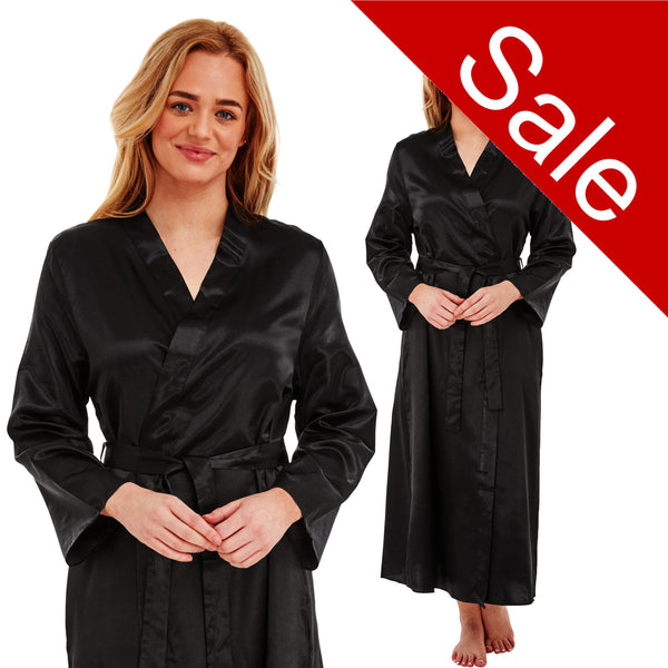 ladies plain black warm cotton lined silky shiny satin and lace full length dressing gown, bathrobe, wrap, kimono with full length sleeves in UK sizes 12, 14, 16, 18, 