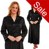 ladies plain black warm cotton lined silky shiny satin and lace full length dressing gown, bathrobe, wrap, kimono with full length sleeves in UK sizes 12, 14, 16, 18, 