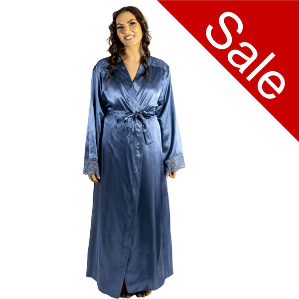ladies plain blue silky shiny satin and lace full length dressing gown, bathrobe, wrap, kimono with full length sleeves trimmed with lace in UK sizes 10, 12, 14, 16, 