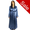 ladies plain blue silky shiny satin and lace full length dressing gown, bathrobe, wrap, kimono with full length sleeves trimmed with lace in UK sizes 10, 12, 14, 16, 