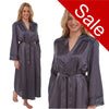 Ladies plain charcoal grey silky shiny satin and lace full length dressing gown, bathrobe, wrap, kimono with full length sleeves trimmed with lace in UK sizes 18, 20