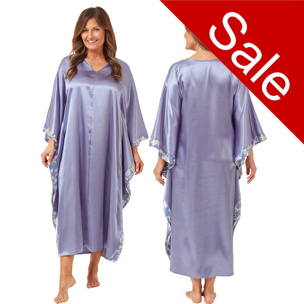 ladies plain light blue silky shiny satin in a full length kimono with full length sleeves trimmed with floral satin in UK sizes 10, 12, 14, 16, 18,