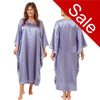 ladies plain light blue silky shiny satin in a full length kimono with full length sleeves trimmed with floral satin in UK sizes 10, 12, 14, 16, 18,