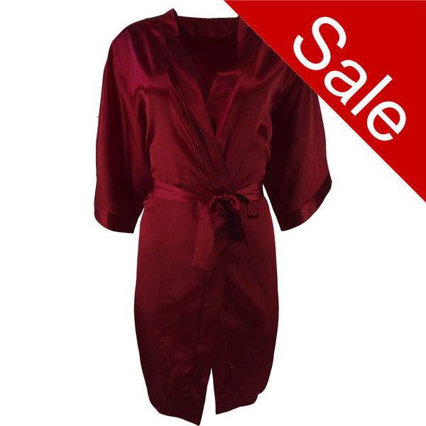 ladies plain crimson red silky shiny satin short length dressing gown, bathrobe, wrap, kimono with 3/4 length sleeves in UK sizes 8, 10, 