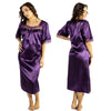 plain cadbury purple shiny silky satin classic style mid length nightdress which is straight in fit with gathered fabric to the chest and elbow length sleeves. The chest and sleeves are trimmed with floral lace and it it available in UK plus sizes 8, 10, 12, 14, 16, 18, 20, 22, 24, 26, 28, 30, 32, 34