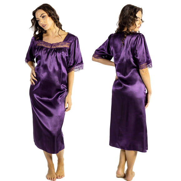 plain cadbury purple shiny silky satin classic style mid length nightdress which is straight in fit with gathered fabric to the chest and elbow length sleeves. The chest and sleeves are trimmed with floral lace and it it available in UK plus sizes 8, 10, 12, 14, 16, 18, 20, 22, 24, 26, 28, 30, 32, 34