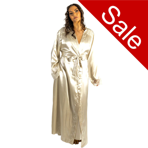 ladies plain gold cream silky shiny satin and lace full length dressing gown, bathrobe, wrap, kimono with full length sleeves trimmed with lace in UK sizes 10, 12, 14, 16, 18, 20, 