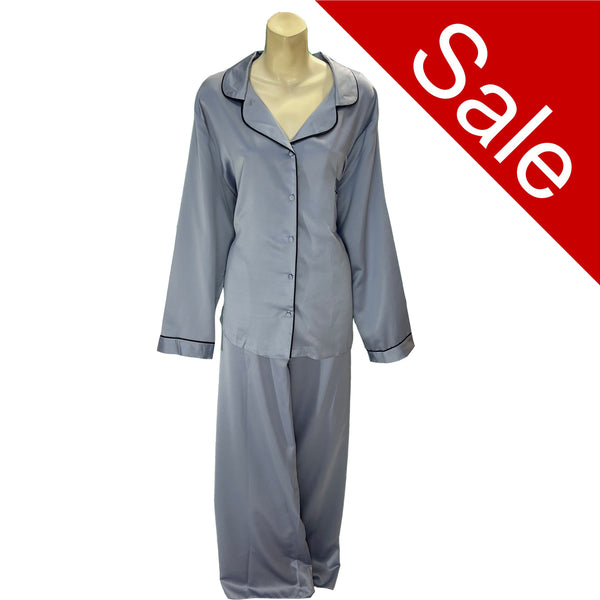 plain steal grey mat satin pjs set. They have a shirt style top with full length sleeves, a collar, top pocket and button up front. The trousers are full length with an elasticated waist band in UK plus sizes 22, 24, 26, 28