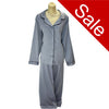 plain steal grey mat satin pjs set. They have a shirt style top with full length sleeves, a collar, top pocket and button up front. The trousers are full length with an elasticated waist band in UK plus sizes 22, 24, 26, 28