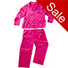 plain hot pink mat satin pjs set. They have a shirt style top with full length sleeves, a collar, top pocket and button up front. The trousers are full length with an elasticated waist band in UK plus sizes 26, 28