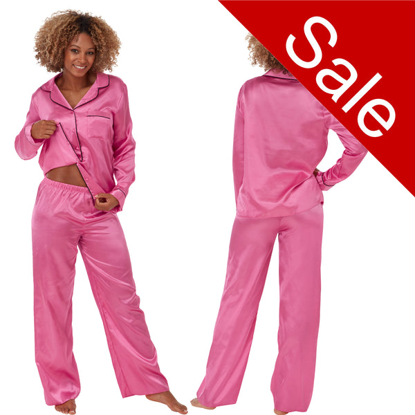 Plain hot pink silky shiny satin pjs set. They have a shirt style top with full length sleeves, a collar, top pocket and button up front. The trousers are full length with an elasticated waist band in UK plus sizes 18, 20, 22, 24, 26, 28