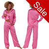 Plain hot pink silky shiny satin pjs set. They have a shirt style top with full length sleeves, a collar, top pocket and button up front. The trousers are full length with an elasticated waist band in UK plus sizes 18, 20, 22, 24, 26, 28