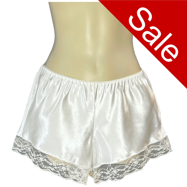 plain ivory white silky shiny satin and lace trim French knickers style shorts in UK sizes 8, 