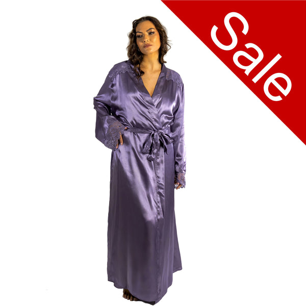 ladies plain lilac purple silky shiny satin and lace full length dressing gown, bathrobe, wrap, kimono with full length sleeves trimmed with lace in UK plus sizes 10, 12, 14, 16, 18, 20, 22, 24, 26, 28