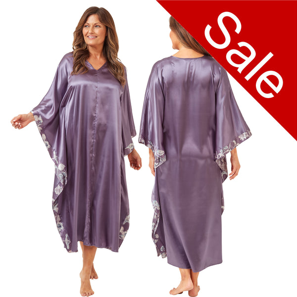ladies plain lilac purple silky shiny satin and lace full length kimono with full length sleeves trimmed with floral satin in UK sizes 10, 12, 14, 16, 18, 20, 