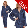 plain navy blue silky shiny satin pjs set consisting of a shirt style top with full length sleeves, a collar, top pocket and a button up front with matching full length trousers in UK plus sizes 14, 16, 18, 20, 22, 24,