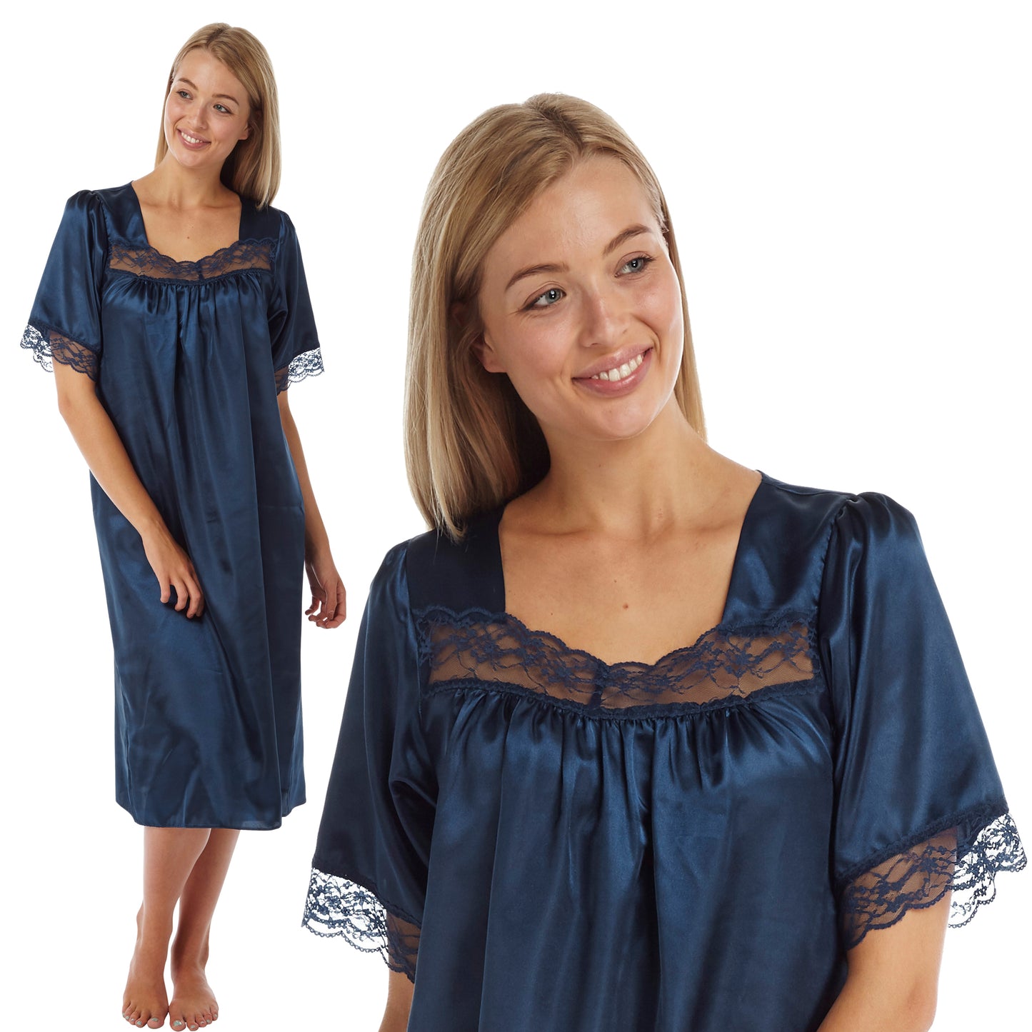 plain navy blue shiny silky satin classic style mid length nightdress which is straight in fit with gathered fabric to the chest and elbow length sleeves. The chest and sleeves are trimmed with floral lace and it it available in UK plus sizes 8, 10, 12, 14, 16, 18, 20, 22, 24, 26, 28, 30, 32, 34