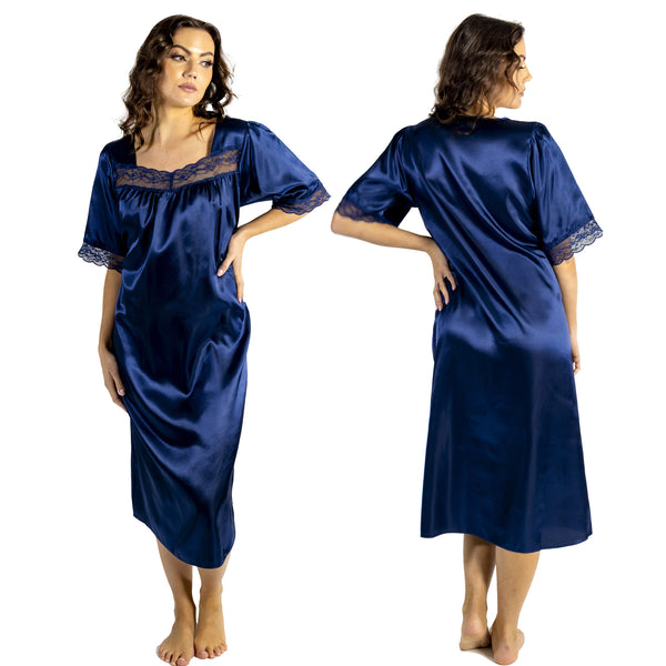 plain navy blue shiny silky satin classic style mid length nightdress which is straight in fit with gathered fabric to the chest and elbow length sleeves. The chest and sleeves are trimmed with floral lace and it it available in UK plus sizes 8, 10, 12, 14, 16, 18, 20, 22, 24, 26, 28, 30, 32, 34