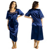 plain navy blue shiny silky satin classic style mid length nightdress which is straight in fit with gathered fabric to the chest and elbow length sleeves. The chest and sleeves are trimmed with floral lace and it it available in UK plus sizes 8, 10, 12, 14, 16, 18, 20, 22, 24, 26, 28, 30, 32, 34
