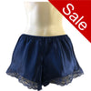 plain navy blue silky shiny satin and lace trim French knickers style shorts in UK sizes 8, 10, 12