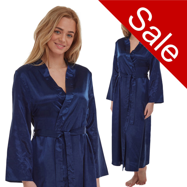 ladies plain navy blue warm cotton lined silky shiny satin and lace full length dressing gown, bathrobe, wrap, kimono with full length sleeves in UK sizes 16, 18, 